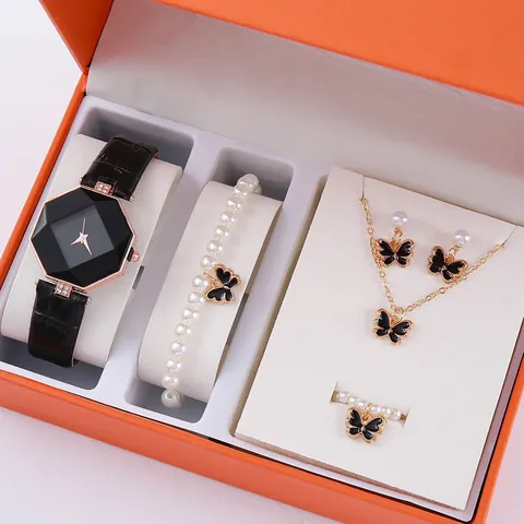 Fashion Women Quartz Watch Jewelry Necklace Bracelet Earrings Ring Rhinestone Dial Faux Leather Strap Casual Accessory Gift