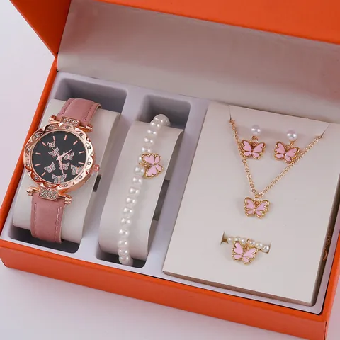 Women Butterfly Heart Jewelry Gift Set With Quartz Watch And Necklace Bracelet Earrings Ring Rose Gold Alloy Accessories