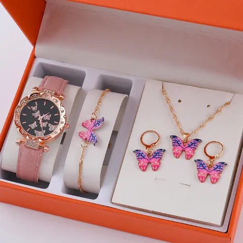 Women Butterfly Heart Jewelry Gift Set With Quartz Watch And Necklace Bracelet Earrings Ring Rose Gold Alloy Accessories