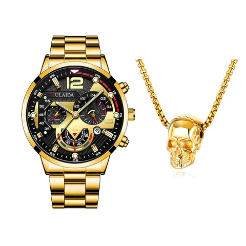 Heren Business Quartz Horloge Schedel Hanger Halsketting Set Legering Lichtgevende Wijzers Hip Hop Mode Sieraden Cadeau