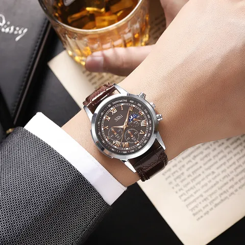 Men Business Quartz Watch Alloy Case Roman Numerals Faux Leather Strap Chronograph Three Eye Multi Function Analog Wristwatch