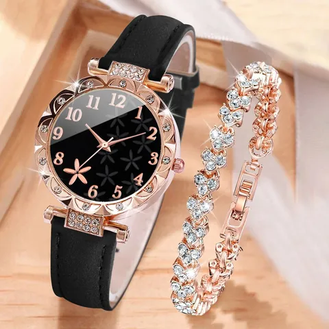 Damen Seestern Muster Blumen Zifferblatt Quarzuhr Legierung Strass Gehäuse PU Leder Armband Set Mode Lässig Zeitmesser