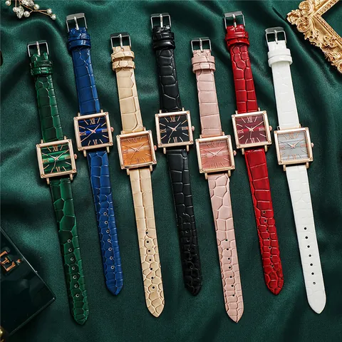 Vintage Square Women Quartz Watch Roman Numerals Marble Texture Dial Rose Gold Case Crocodile Pattern PU Leather Strap Watch
