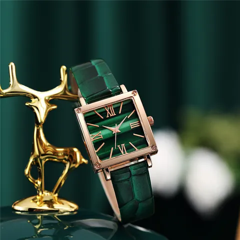 Vintage Square Women Quartz Watch Roman Numerals Marble Texture Dial Rose Gold Case Crocodile Pattern PU Leather Strap Watch