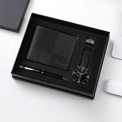 Coffret Cadeau Business pour Homme Montre à Quartz Luxe Portefeuille en Cuir PU Stylo à Bille pour Fête des Pères