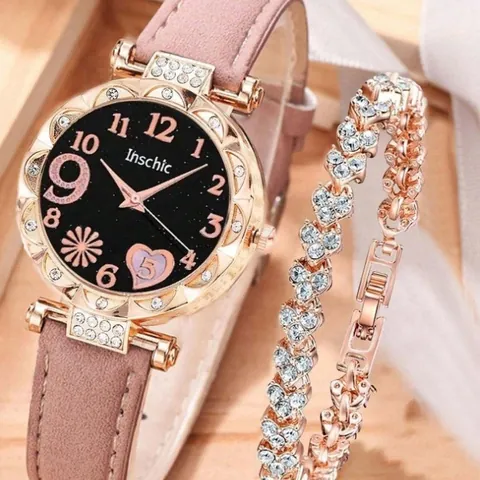 Elegant Women Quartz Watch Starry Sky Dial Heart Floral Pattern Faux Leather Strap Rhinestone Bezel Fashion Wristwatch And Bracelet
