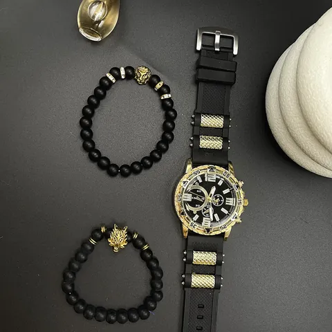 Luxury Men Fashion Quartz Watch And Beaded Lion Head Feather Bracelet Business Jewelry Gold Silver Watch Accessory Bundle