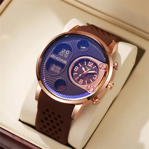 Men Sports Quartz Watch Large Dial Alloy Case Silicone Strap Star Pattern Pointer Digital Dual Display Casual Wristwatch