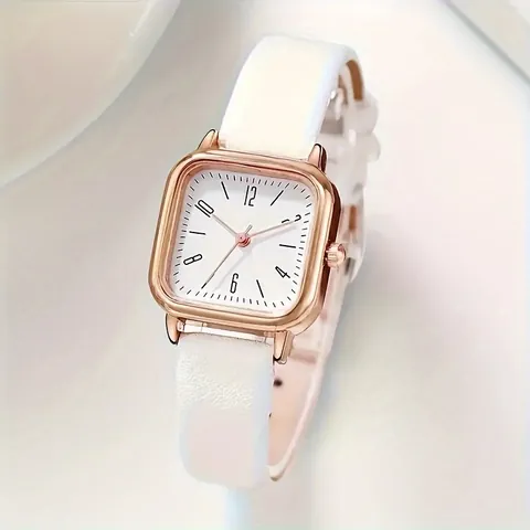 Orologio al Quarzo da Donna con Bracciale di Strass a Cuore Cassa Quadrata Oro Rosa Cinturino in Ecopelle Bianca Orologio Analogico