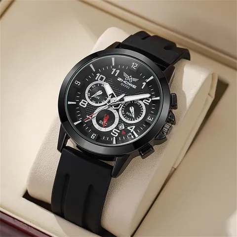 Men Sport Quartz Watch Large Dial Three-eye Decorative Sub-dials Silicone Strap Casual Wristwatch With Calendar For Student