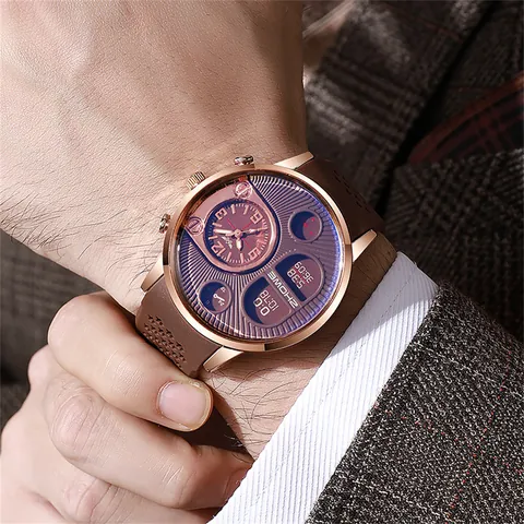 Men Sports Quartz Watch Large Dial Alloy Case Silicone Strap Star Pattern Pointer Digital Dual Display Casual Wristwatch