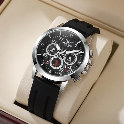 Men Sport Quartz Watch Large Dial Three-eye Decorative Sub-dials Silicone Strap Casual Wristwatch With Calendar For Student
