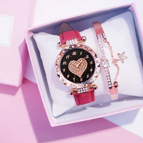 Women Fashion Quartz Watch Bracelet Set Rhinestone Heart Starry Dial Casual Alloy Wristwatch With Pink Gift Box For Valentine Gift