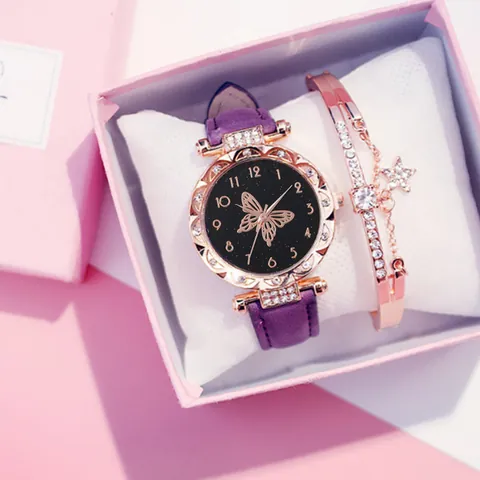 Ensemble Montre Et Bracelet Pour Femmes Cadran Étoilé Papillon Lunette En Strass Boîtier En Or Rose Cadeau