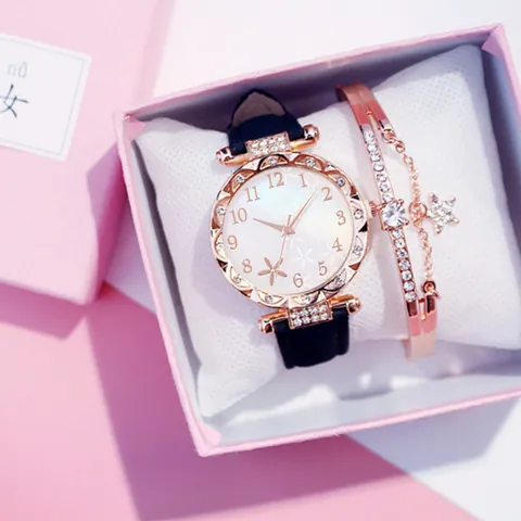 Elegante Orologio al Quarzo da Donna Con Quadrante Floreale E Bracciale Con Stella Marina In Strass Confezione Regalo