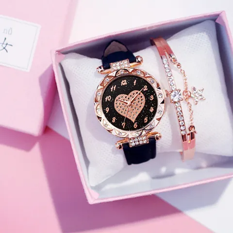 Women Fashion Quartz Watch Bracelet Set Rhinestone Heart Starry Dial Casual Alloy Wristwatch With Pink Gift Box For Valentine Gift