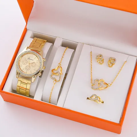 Collezione Gioielli Donna Moda Orologio al Quarzo Collana Bracciale Anello Orecchini con Strass Intarsiati Elegante Orologio da Polso in Lega Regalo Accessorio