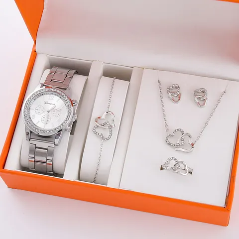 Set Orologio Gioielli da Donna in Lega al Quarzo di Moda Strass Quadranti Decorativi Rotondo Puntatore Orologio da Polso Cuori Ciondolo Collana Bracciale Anelli Orecchini Regalo