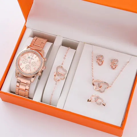 Collezione Gioielli Donna Moda Orologio al Quarzo Collana Bracciale Anello Orecchini con Strass Intarsiati Elegante Orologio da Polso in Lega Regalo Accessorio