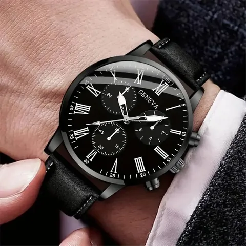 Geneva Men Business Watch With Roman Numeral Dial Faux Leather Strap And Her King Crown Bracelet Black Quartz Watch Combo