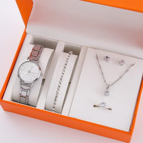 Set Gioielli Orologio al Quarzo da Donna Vintage Lega Strass Quadrante Rotondo Minimalista Orologio da Polso Collana Bracciale Orecchini Anello Regalo