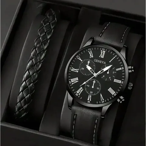 Orologio al Quarzo da Uomo Business e Bracciale Intrecciato Quadrante Numeri Romani Cinturino in Ecopelle Orologio da Uomo