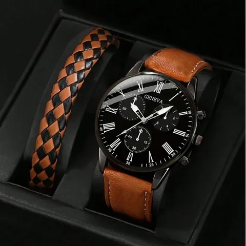Orologio al Quarzo da Uomo Business e Bracciale Intrecciato Quadrante Numeri Romani Cinturino in Ecopelle Orologio da Uomo