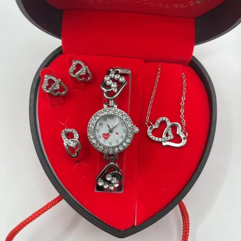 Romantisches Herz Schmuckuhr Geschenkset Für Damen Strass Quarzuhr Herz Anhänger Halskette Ohrringe Ring Rosenbox Valentinstag Schmuckkollektion