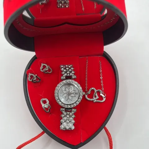 Romantisches Herz Schmuckuhr Geschenkset Für Damen Strass Quarzuhr Herz Anhänger Halskette Ohrringe Ring Rosenbox Valentinstag Schmuckkollektion