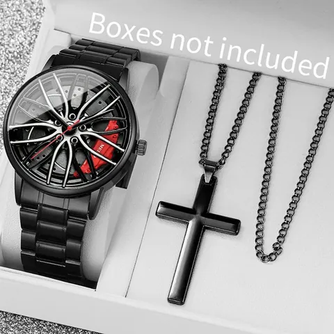 Men Fashion Car Wheel Hub Design Quartz Watch And Cross Necklace Sporty Alloy Wristwatch Gift Black Metal Accessories For Men