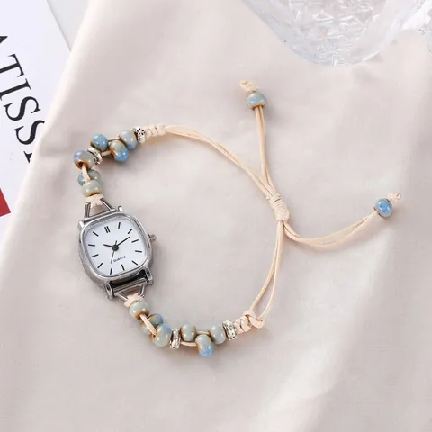 Orologio da Polso Vintage Donna Bracciale Corda Intrecciata Perline Ceramica Orologio Quarzo Bohémien Cassa Lega Gioiello