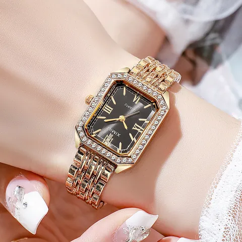 Luxury Women's Rectangular Quartz Watch Alloy Rhinestone Metal Chain Strap Elegant Roman Numerals Wristwatch Fashion Jewelry