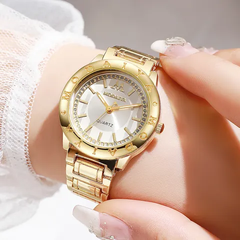 Montre à Quartz de Mode pour Femmes Cadran Rond Orné de Strass Bracelet en Alliage Montre-Bracelet Élégante pour Dames Bijoux Cadeau