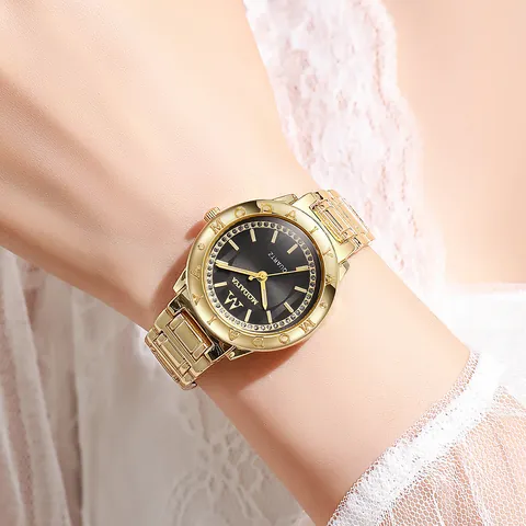 Montre à Quartz de Mode pour Femmes Cadran Rond Orné de Strass Bracelet en Alliage Montre-Bracelet Élégante pour Dames Bijoux Cadeau