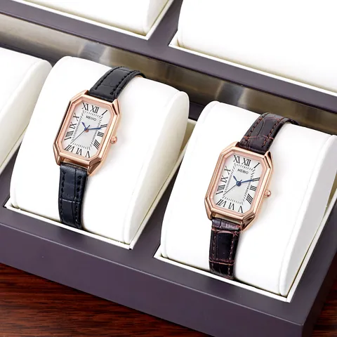 Vintage Women Quartz Watch Rectangular Rose Gold Case Blue Hands Roman Numerals White Dial Faux Leather Crocodile Strap