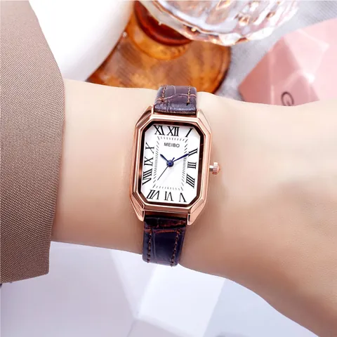 Vintage Women Quartz Watch Rectangular Rose Gold Case Blue Hands Roman Numerals White Dial Faux Leather Crocodile Strap