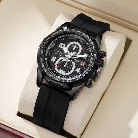 Luxury Men Sport Quartz Watch With Silicone Strap Date Display Chronograph Style Business Casual Metal Case Wristwatch
