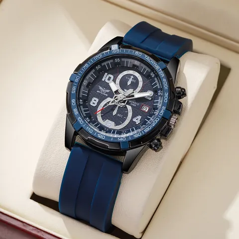 Luxury Men Sport Quartz Watch With Silicone Strap Date Display Chronograph Style Business Casual Metal Case Wristwatch