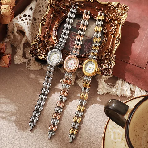 Fashion Women Quartz Bracelet Watch Exquisite Oval Rhinestone Dial Alloy Metallic Bead Chain Wristwatch Elegant Lady Jewelry Gift