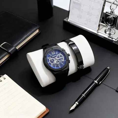 Men Business Sport Quartz Watch And Bracelet Gift Set Octagonal Bezel Silicone Strap Multi Function Dial Wristwatch