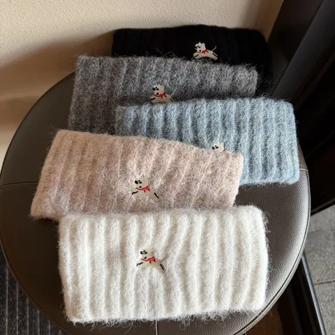 Women Winter Thickened Wool Blend Knit Headband With Puppy Embroidery Warm Ear Protection Fashion Hair Band Hair Accessory