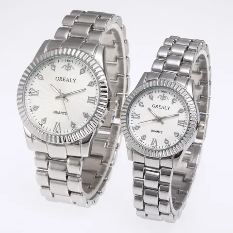 Luxury Rhinestone Couple Watch Set Men Women Quartz Analog Display Stainless Steel Alloy Metal Band Business Casual Wristwatch