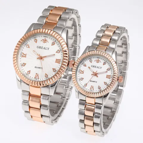 Luxury Rhinestone Couple Watch Set Men Women Quartz Analog Display Stainless Steel Alloy Metal Band Business Casual Wristwatch