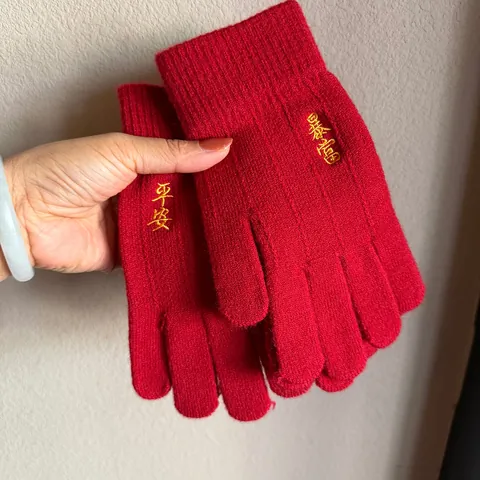Damen Rot Festliche Strickhandschuhe Winter Warm Stickerei Glückszeichen Dick Winddicht Radsport Handschuhe Fingeröffnung