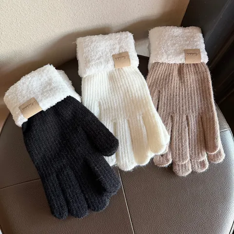 Winter Warme Strickhandschuhe Verdicktes Wollgarn Fausthandschuhe Mit Kunstpelz-Bündchen Leder-Label Radsport Outdoor Zubehör