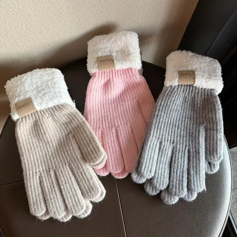 Winter Warme Strickhandschuhe Verdicktes Wollgarn Fausthandschuhe Mit Kunstpelz-Bündchen Leder-Label Radsport Outdoor Zubehör