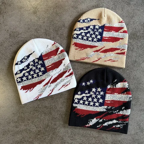 American Flag Distressed Beanie Acrylic Jacquard Knit Warm Winter Hat For Men Women Outdoor Casual Street Style Headwear
