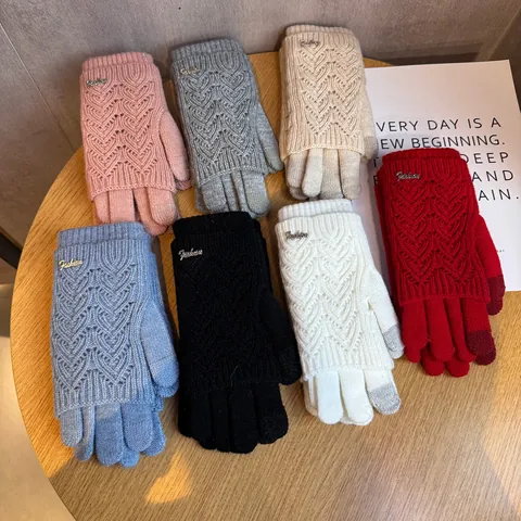Women Winter Knitted Gloves Touchscreen Warm Wool Mittens Double Layer Hollow Wave Braid Pattern Fashion Metal Plate Decor