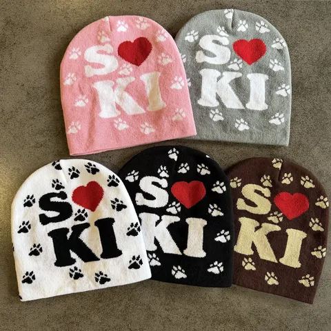 Y2K Πλεκτό Σκουφάκι Beanie Γράμματα SKI Καρδιά Γυναίκες Άνδρες Χειμώνας Ζεστό Ακρυλικό Αποτύπωμα Πατούσας Γάτα Σκέιτμπορν