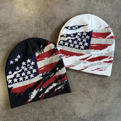 American Flag Distressed Beanie Acrylic Jacquard Knit Warm Winter Hat For Men Women Outdoor Casual Street Style Headwear
